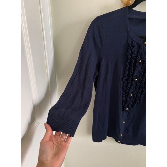 Talbots Sweater Women's Medium Navy Cardigan Button Ruffle Knit - Picture 4 of 7